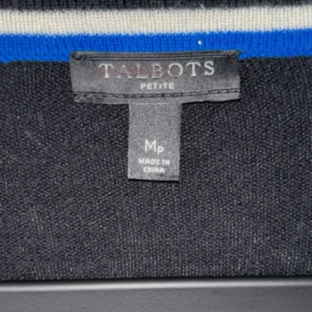 Talbots Black Cardigan with Blue/White Stripes, P2P:19”, L:26.5” - Picture 9 of 10